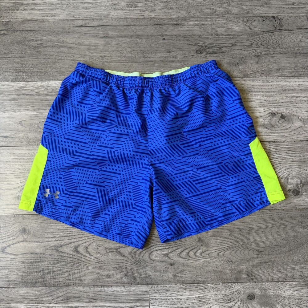Under Armour HeatGear Blue & Neon Yellow Graphic Athletic Shorts - Size XL